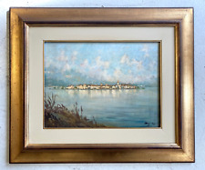 QUADRO DIPINTO OLIO TELA Muj 67 PAESAGGIO LAGO MAGGIORE Isola Pescatori PANORAMA