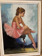 Dipinto ad olio francese vintage anni '50 di una ballerina. Balletto. Stile antico