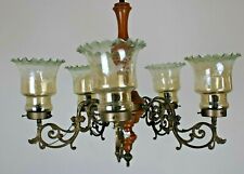 Lampadario 5 LUCI Ottone Legno Vetro VINTAGE Antico D'EPOCA Anni 50' a Soffitto