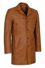 Autentico Uomo Marroncino Classico 4 Bottoni Vera Pelle Ginocchio Lungo Trench