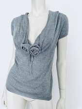 Christian Dior Top T Shirt Short Sleeves Grey Roses Ribbed Knit Chic Silk Size S