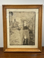 Quadro Disegno A Matita Incorniciata E Firmato - Paesaggio Strada Antica Chiesa