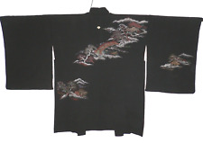 Giacca kimono Haori seta nera giapponese vintage anni 50 tessuto urushi paesaggio rurale