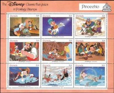 Grenada 1987 Disney Pinocchio Pupazzo Gatti Volpe Asini Film Racconti Libri m/s MNH