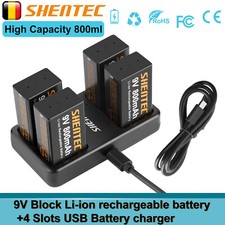 Blocco 9V 6F22 batterie litio 9 volt ideale rilevatore di fumo / 4 slot caricatore USB