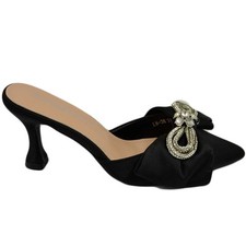 DECOLLETE' DONNA NERO OPEN TOE TACCO 6 CM ELEGNTE FIOCCO IN TESSUTO CON FERMAGLI