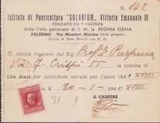 PALERMO 1940 ricevuta ISTITUTO DI PUERICOLTURA SOLARIUM Via Messina Marine