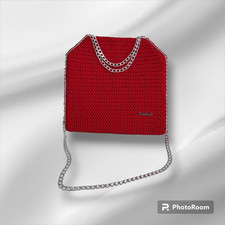 borsa uncinetto fatta a mano, rossa, con catenina, a trapezio