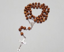 1pz collana rosario in legno colore marrone, argento scuro 66cm+14,5cm bijoux