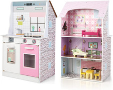 Cucina Delle Bambole per Bambini 2 in 1, Casetta Delle Bambole Di Legno E Cucina
