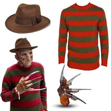 Set costumi Freddy Krueger bambini 3 pezzi cappello, guanto con artiglio e maglione a righe rosso e verde