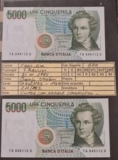 coppia da 5.000 Lire tipo Bellini -cartamoneta-  seriali consecutivi FDS