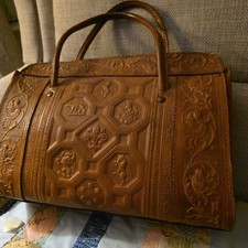 Borsa vintage antica pelle italiana lavorata marrone anni 50 rotolo leone Fleur De Lis