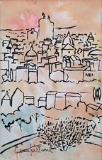 Quadro moderno originale tecnica mista Roma paesaggio urbano-tetti-cupole firmato