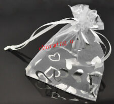 10pz sacchetti in organza e tessuto argento cuore colore bianco 12x10cm