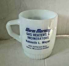 Tazza caffè pubblicitaria vintage Fire King calda mattina riscaldatori a gas Omro Wisconsin