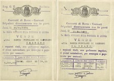 7541-MARCHE DA BOLLO, 2 CONTRATTI DI BORSA BANCA POPOLARE DI SARNANO,1974