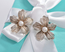 Orecchini vintage grandi 1" Tiffany & Co argento perle fiore petali scatola sacchetto raro