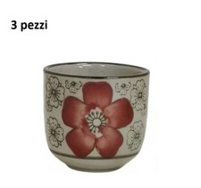 Set 3 Pezzi Bicchiere Bicchierino Sake Ceramica Orientale Fiori Rossi bal