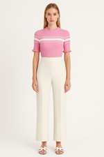 Marella maglia donna in tricot  rosa con righe orizzontali bianche. Taglia M.