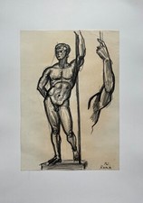 Disegno Torso Scultura Maschile Nudo ROM Erich Puchta 1908 - 1986 #84 Antico