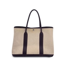 Autentica borsa tote Hermes Paris beige e nera tela giardino festa 36