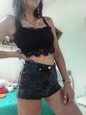 Top Crop Donna Corto Nero Pizzo Bretelle S M