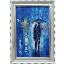 Dipinto olio paesaggio urbano 4x6 incorniciato persone sotto la pioggia con ombrelli firmato