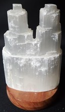 Lampada di selenite USB doppia torre, pietra, cristallo, provenienza Marocco