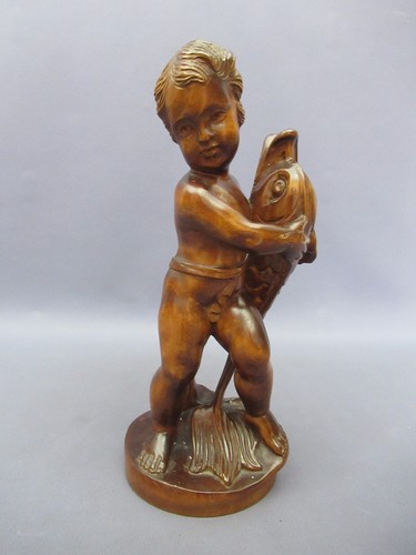 Statua legno putto con - , tritone