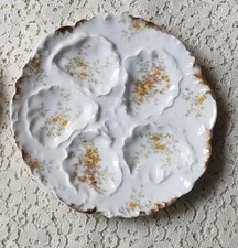  Antico piatto ostrica porcellana Limoges 5 pozzetti bianco dorato floreale Wm Guerin