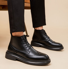 Stivaletti stringati alti uomo British casual punta ala intagliata ecopelle