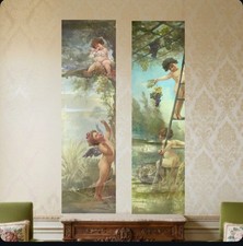 quadri antichi grandi coppia di dipinti 900 a olio su tela angeli putti paesaggi