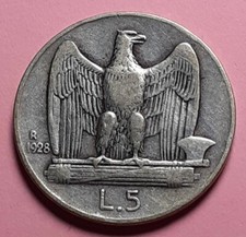 REGNO V.E. III° 5 LIRE 1928 RARA BB+ 1 ROSETTA AQUILOTTO AQUILINO ARGENTO