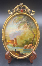 Quadro ovale vintage olio sul rame paesaggio firmato cornice in ottone