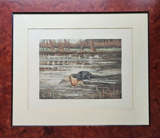 ANTICA STAMPA INGLESE SCENA DI CACCIA HUNTING DOG RETRIEVER - CORNICE IN RADICA