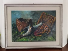 Giuseppe Gabellone ( XX Secolo) Natura morta "Pesci" , dipinto olio su tela