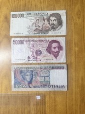 LOTTO 3 BANCONOTE LIRE 100000 CARAVAGGIO 50000 BERNINI VOLTO DI DONNA