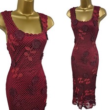 Abito midi Karen Millen vintage 8-10 UK bordeaux all'uncinetto a mano 3D floreale rosa