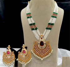 Collana lunga tradizionale placcata oro Polki Kundan e perle bianche da donna