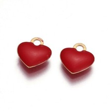 2pz ciondoli charms cuore in ottone smaltato 10x9mm colore rosso,oro
