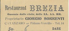 Catanzaro. RESTAURANT BREZIA di Giorgetti Sorrenti, Fattura ill., 1920 circa