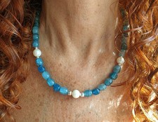 ??? COLLANA DONNA PIETRE DURE BLU + ORECCHINI E VERE PERLE BAROCCHE TAHITI ?