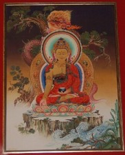 Ratnasambhava Thangka Nepalese Paubha tempera su tela di Prem Man Chitrakar