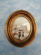 Piccola Antica Cornice con Dipinto Vintage Dorata Ovale