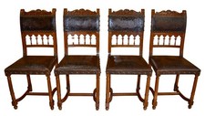 antico lotto di 4 sedie rivestite in cuoio lavorato epoca '800 in noce