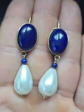 ORECCHINI  ARGENTO 925 DORATO  LAPIS  CABOCHON E  PENDOLI PERLA 