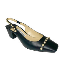 Jimmy Choo Hya 45 Pearl Stud Slingback Pump nero pelle tacco a blocco taglia 37