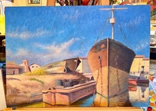 Valentino Ghiglia - "Barche ormeggiate (attr.) - olio su tavola - 1950 ca