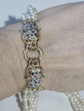 Collana Perle  50'S chiusura Susta doppia pantera oro giallo 18kt gemme preziose